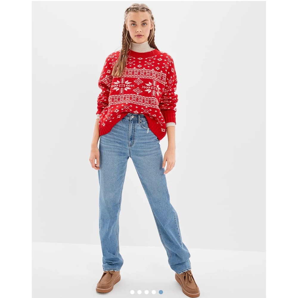 American Eagle Fair Isle Snowflake Crewneck Sweater Size Large Red